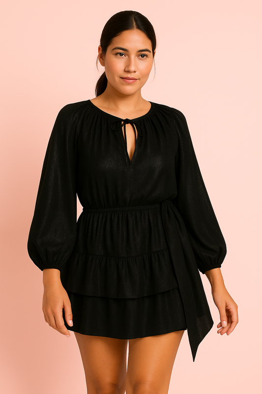 Robe "Aurore" Courte Satinée à Manches Longues et Volants