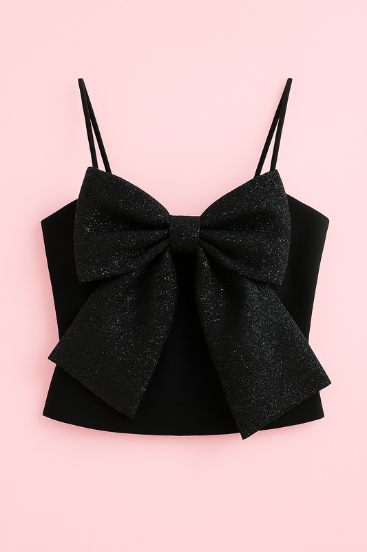 Top "Bella" à Bretelles avec Nœud Pailleté – Noir Éclat